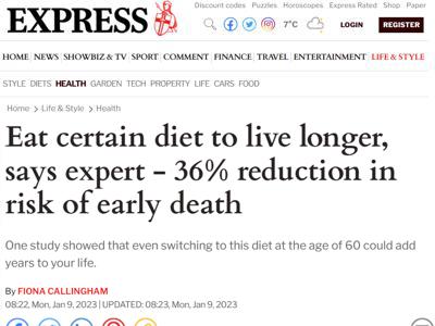 Eat certain diet to live longer, says expert - 36% reduction in risk of early death